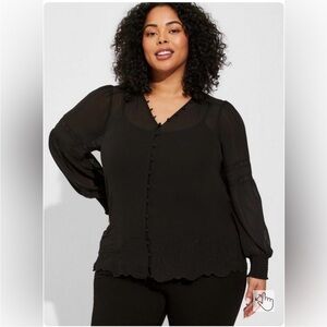 Torrid black chiffon clip dot with contrasting eyelet blouse Size 2 EUC